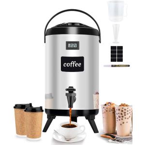 Insulated Beverage Dispenser 2.2 Gal - Hot Drink Dispenser 304 Stainless Steel w/Real-time Thermometer Iced Beverage Dispenser Water Milk Tea Coffee for Parties Catering Commercial w/Labels, Silver