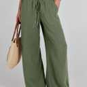 ANRABESS Women's Linen Pants Summer Casual Palazzo Beach Pant Drawstring High Waist Wide Leg Trousers Vacation Outfits, Small, Deep Green (Green)