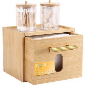 Face Towels Holder with 60 XL Towels, Disposable Towelettes Bamboo Box Cotton Balls Holders, Facial Towels Container with Drawer, Towels XL Organizer for Bathroom, Makeup Remover Dry Wipes Washcloths