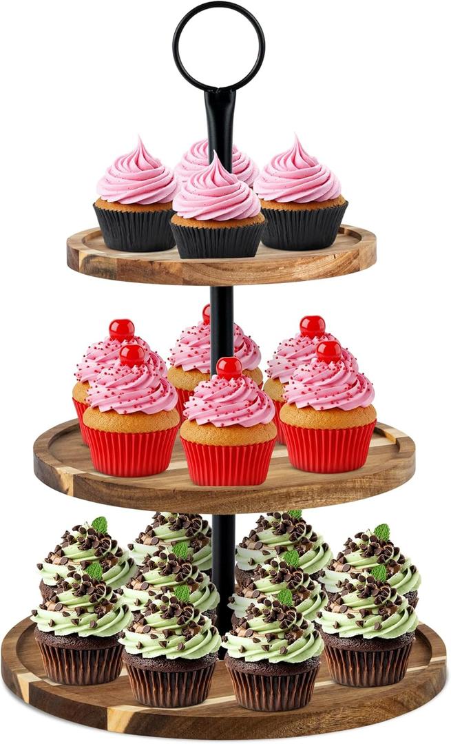 Perco Cupcake Stand, 3 Tier Wooden Tiered Display Stand for 20 Cupcakes  Wood Dessert Table Display Set, Tiered Serving Tray for Weddings, Birthdays, Baby Showers & Events