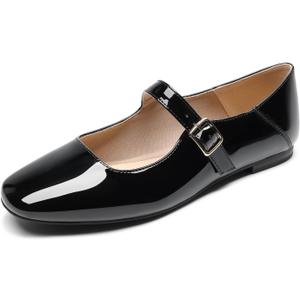 DREAM PAIRS Women's Silver Square Toe Mary Jane Flats: Comfortable Casual Slip On Dress Shoes with Buckle Strap for Women's Daily Wear (11, Black-pat)
