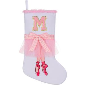 17.5 inch Ballet Christmas Stocking,Feather & Bow Embroidery Design, Holiday Party Decor for Fireplace Mantel Gifts,Initial M