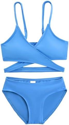 Karrack Teen Girls' Swimsuits Two-Piece V-Neck Bikini Adjustable Shoulder Straps Swimsuit Kids Bikini Set, 16, Blue