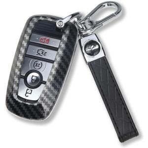QBUC for Ford Key Fob Cover with Keychain Full Protection Durable ABS Shell Compatible with 2018-2025 Expedition Explorer Edge Escape Mustang Bronco F-150 Ranger Maverick Lincoln(Carbon Fiber)