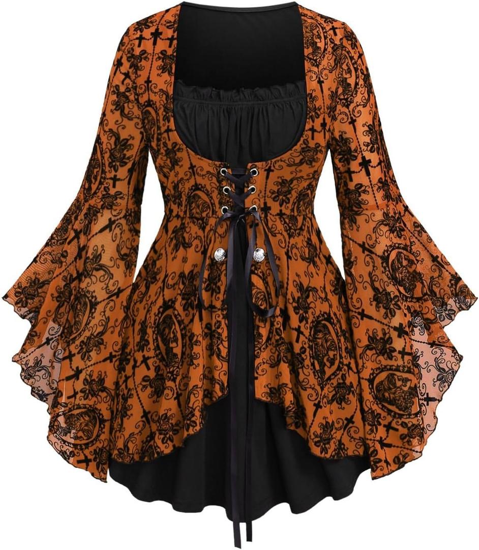 ROSE GAL Women Plus Size Flare Sleeves Ruffles Flower Lace Up 2 in 1 Top (3X)