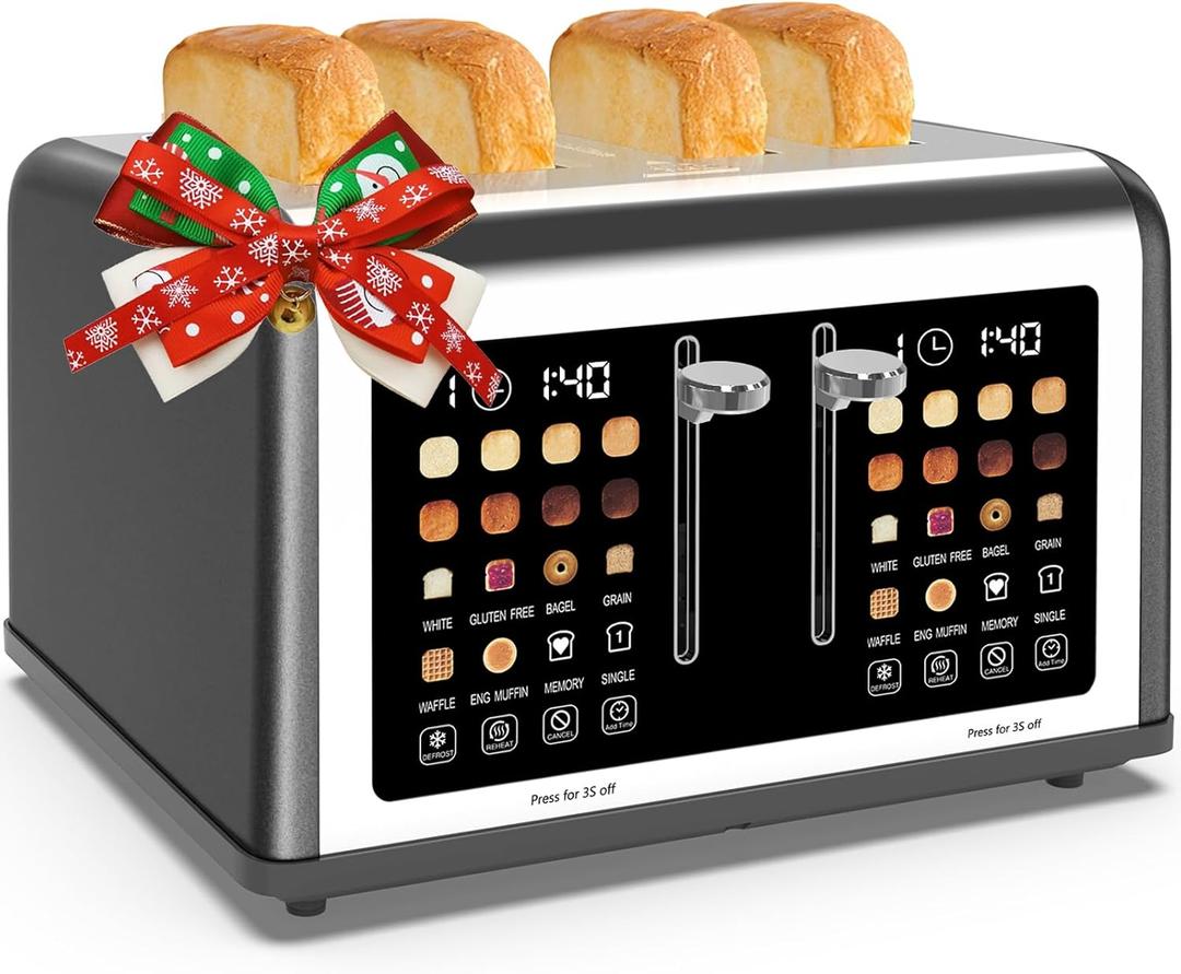 4 Slice Toaster Touch Screen, Stainless Steel Toasters Digital Timer, Dual Control Panel Toasters, 8 Shade Settings 6 Bread Types for Bagel, Cancel, Defrost 1650W Grey