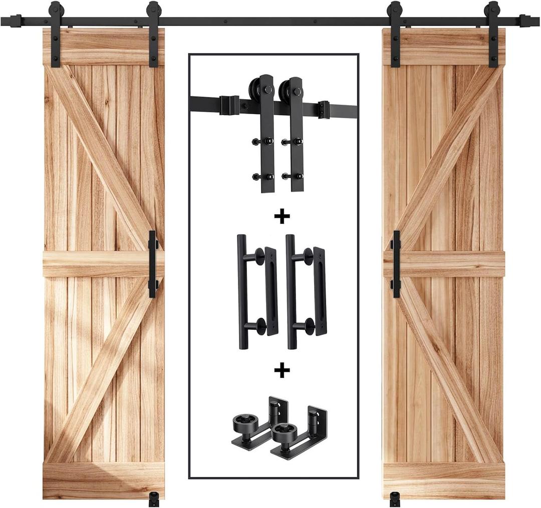 EaseLife 8 FT Double Sliding Barn Door Track and Handle Hardware Kit,Straight Pulley,Slide Smoothly Quietly,Easy Install (8FT Track Kit for 20"~24" Wide Double Door)