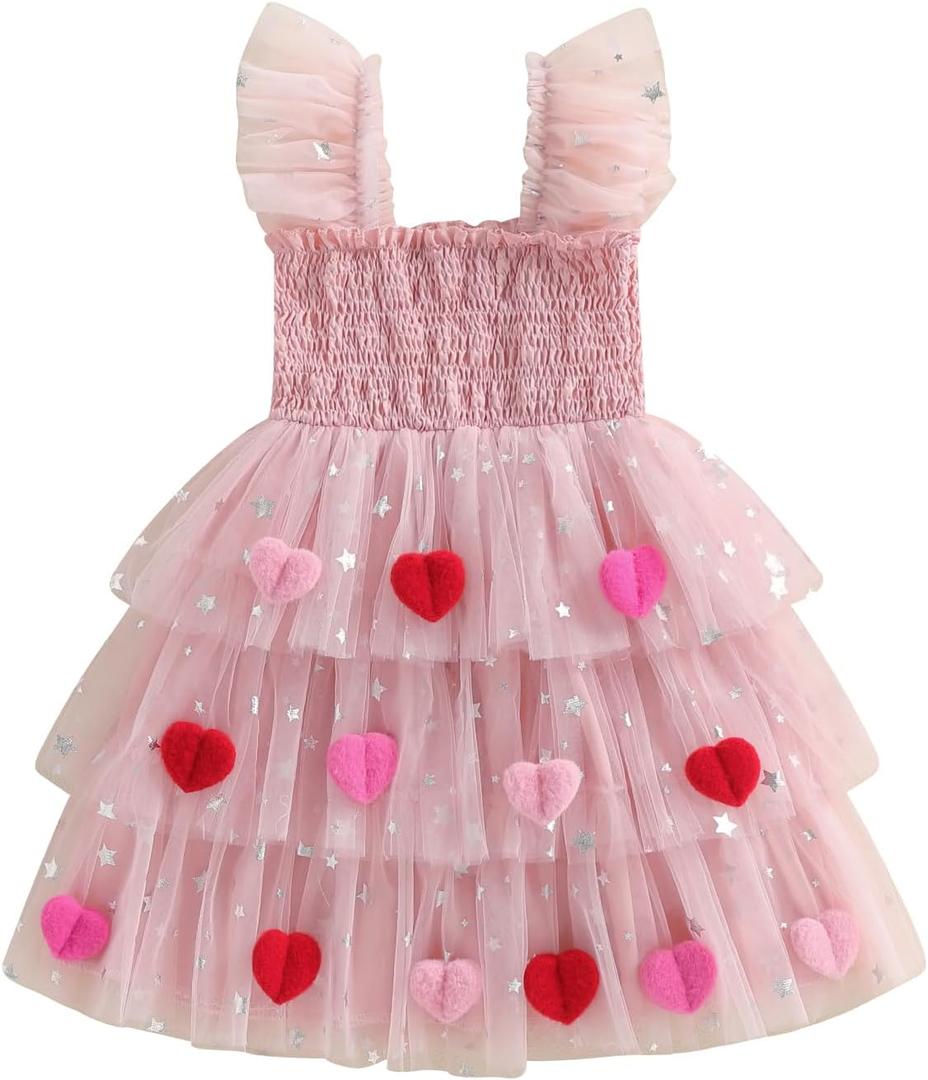 Toddler Valentines Outfit Girl Baby Heart Fly Sleeve Mesh Layered Princess Dress Little Girls Summer Tulle Dresses (5-6 Years, Pink)