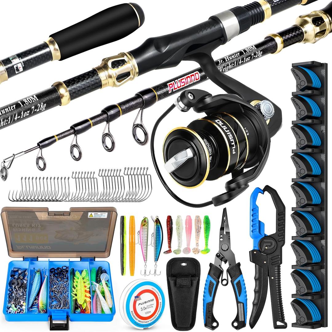 PLUSINNO Fishing Gear, Full Fishing kit Includes Fishing Rod and Reel Combo, Tackle Box with Fishing Lures, Fishing Accessories, Fishing Pliers, Fishing Gifts for Men with Fishing Tool Kit