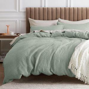 Bedsure Cotton Duvet Cover King - 100% Cotton Waffle Weave Sage Green Duvet Cover King Size, GentleSoft and Breathable Bedding Set for All Season, 3 Pieces, 104"x90"