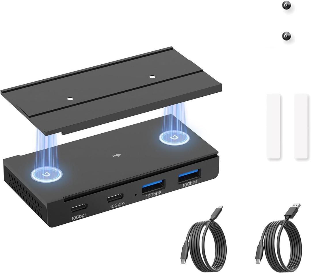 EJAY 10Gbps Magnetic USB-C Hub, 4-Port USB 3.2 Gen2 Data Transfer, 2 USB 3.2 + 2 Type C Port, Includes Sliding Rail, Screws and Sticky Pads for MacBook Laptop PC, Black