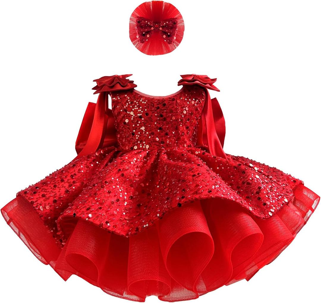 Fairy Tale Tutu Dress for Girls – Sparkly Party Dress with Sequin Bow Headband for Birthdays and Celebrations (Red)