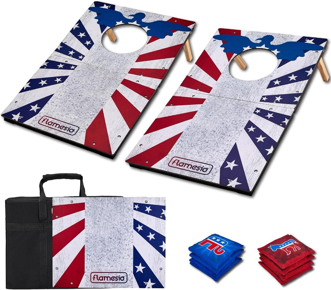 Portable Cornhole Board Set 2x1.3ft | 24"x16": Cornhole Set Outdoor Backyard Corn Hole Toss Game for Party Beach | 2 Foldable Wooden Corn Hole Boards, 8 Bean Bags, 1 Carrying Bag (American Flag)