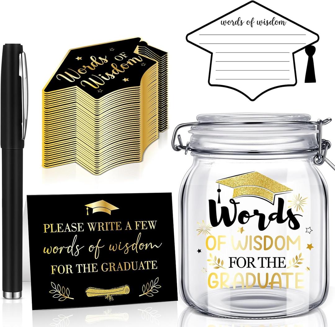 Newtay 55 Pcs Words of Wisdom Graduation Glass Jar Graduation Wishes & Advice Cards and Sign Graduation Guest Book for Graduate Decoration Best Wishes Grad Party Supplies (Classic)