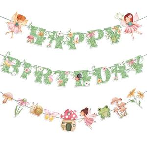 Daifunli 3 Pcs Fairy Birthday Party Decorations Green Glitter Happy Birthday Banner Colorful Hanging Decor Funny Banner Cutout Garland for Themed Decorations Bridal Shower Garden Party Supplies