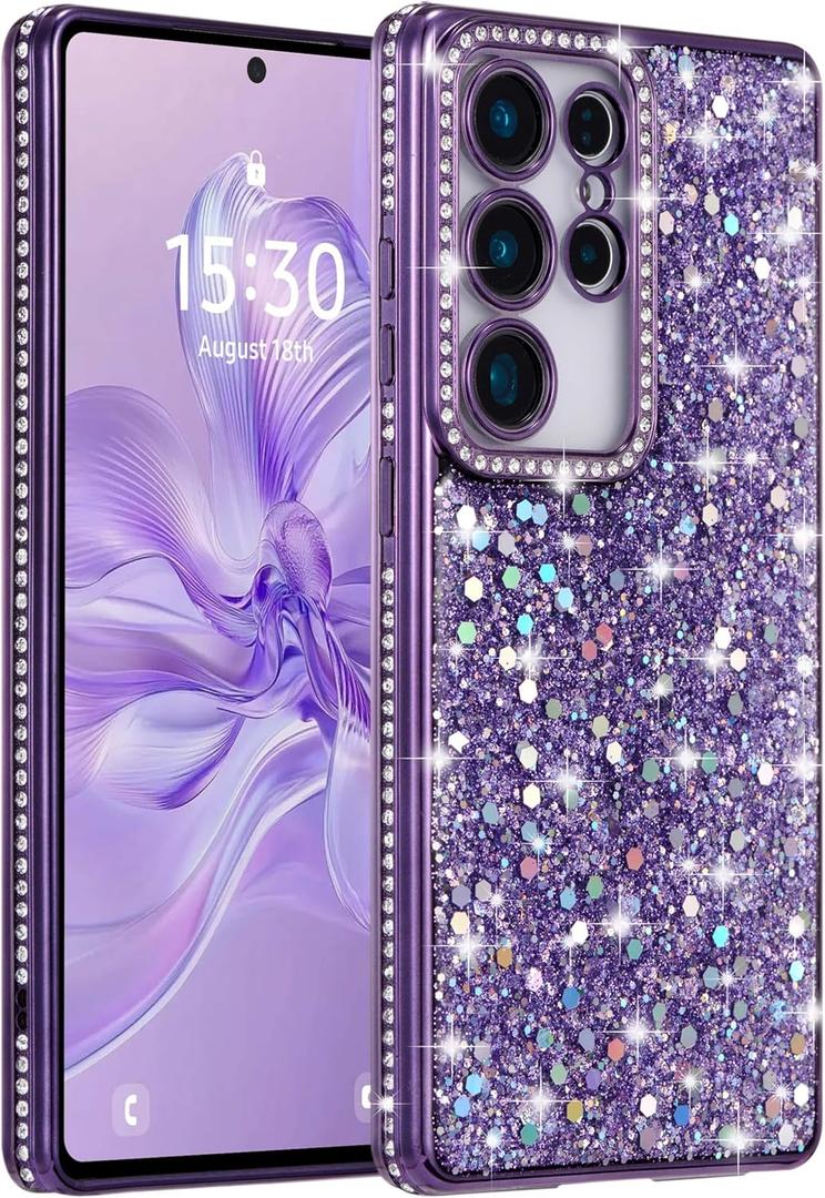 FABSPARK Case for Samsung Galaxy S23 Ultra,Glitter Crystal Diamond Rhinestone Sequin Shiny Bling Sparkly Glossy Luxury Electroplated,Aesthetic Cute Full Protection for Samsung Galaxy S23 Ultra,Purple