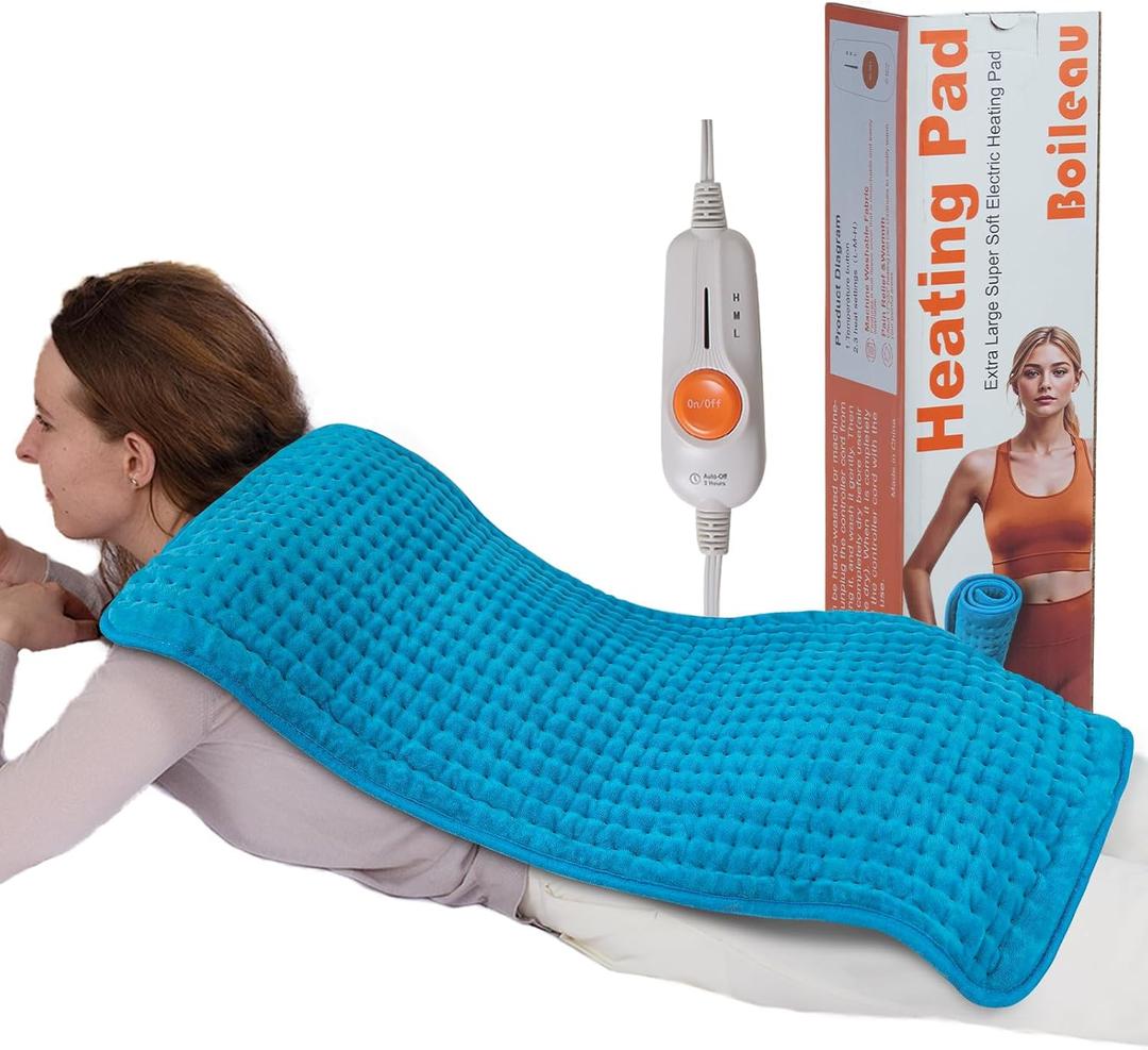 Boileau Electric Heating Pad for Back Pain and Period Cramps Relief, 17"x33" Extra Large XXXL, 3 Heating Levels Heat Pad with 2-Hour Auto Shut Off, Gifts for Women and Mom, Blue