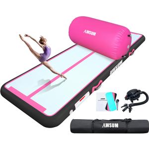 AWSUM 10ft /13ft Gymnastics Mat with Air Roller Tumbling Barrel Back Somersault Backbend Trainer for Inflatable Gymnastics Springboard Back Handspring Equipment, with Electric Pump (10ft*3.3ft*4in&(L)40in*(Diam)23.6", Pink/Black+Pink Roller)