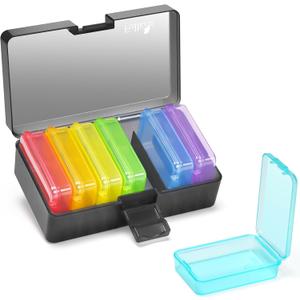 Fullicon Small Pill Case for Purse, Travel Medicine Pill Organizer, Weekly 7 Day Daily Pill Box, Pocket Pharmacy Pill Container Dispenser Holder with Labelsm Black Rainbow