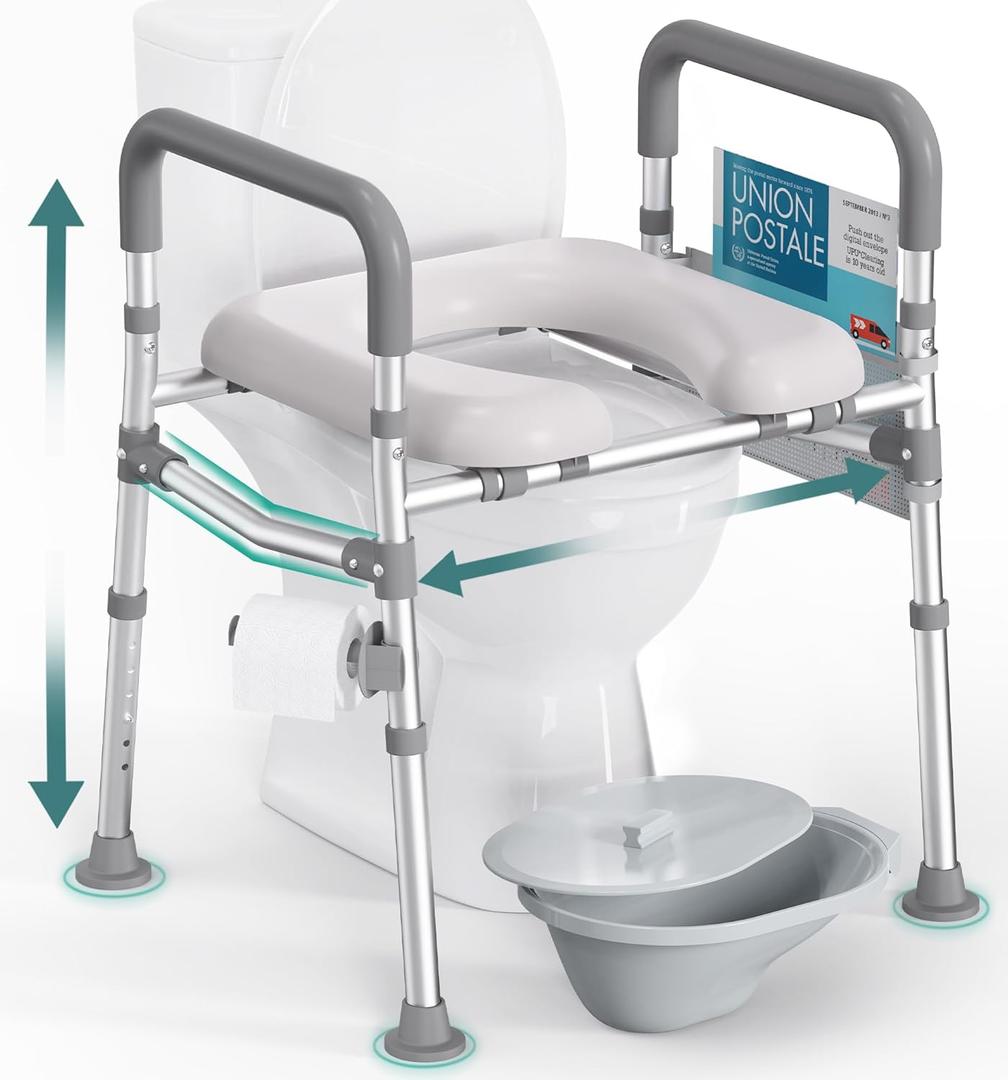 Raised Toilet Seat with Handles, FSA HSA Eligible 500lb Toilet Seat Riser for Seniors with Bedpan, Adjustable Height & Width, Handicap Elevated Toilet Seat for Elderly, Bedside, Fit Any Toilet (Grey)
