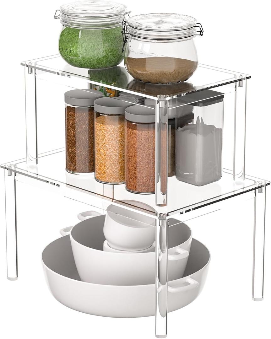 Sezanrpt Acrylic Cabinet Organizer Shelf Set of 2, Clear Kitchen Counter Shelves Spice Rack, Pantry Kitchen Storage, Stackable, Expandable, Moisture Resistant
