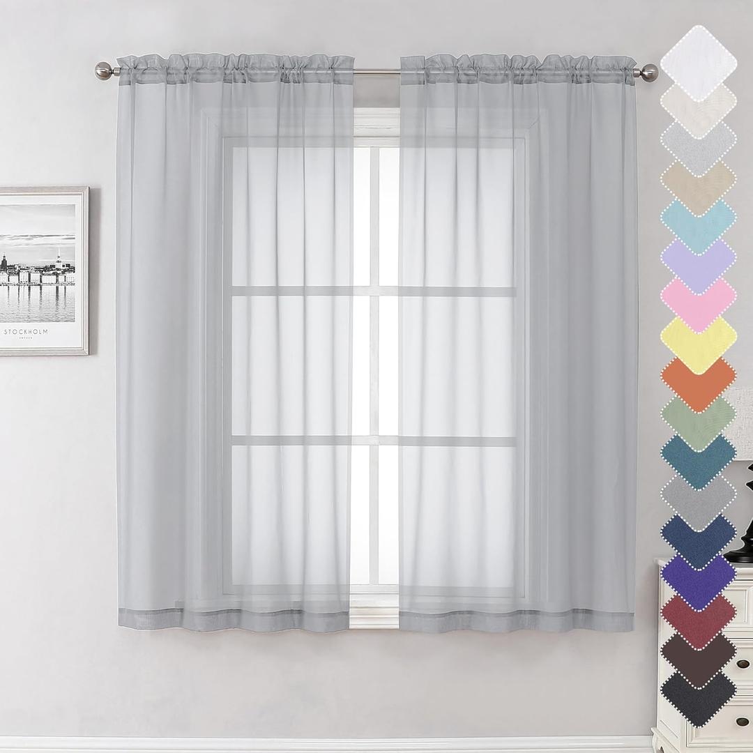 Lecloud Light Grey Sheer Curtains 63 Inch Length 2 Panels, Light Filtering Solid Voile Living Room Silver Gray Curtain & Panel, Dual Rod Pockets Gauzy Window Kitchen Bedroom Drapes, 40X63 Inches