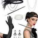 kasahara 1920s Flapper Roraing 20s Costume Accessories Set Feather Headband, Earrings, Pearl Necklace Bracelet, Long Gloves