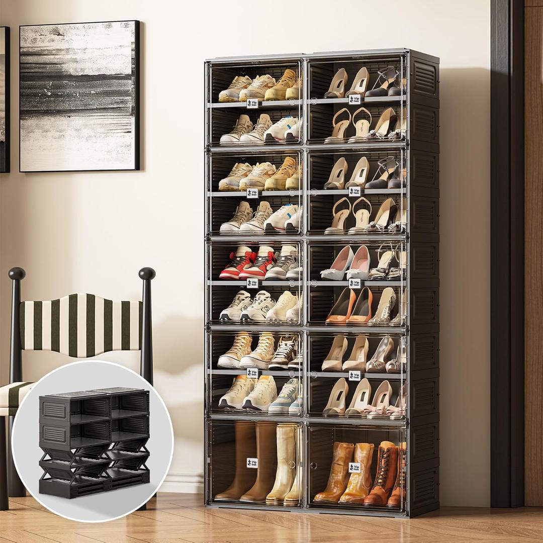 Shoe Rack Organizer Cabinet for Closet Entryway,Clear Shoe Storage Boxes Stackable Sneaker Storage with Door Easy Assembly Black Shoe Cabinet with Lids Large 9 Tiers 36 Pairs
