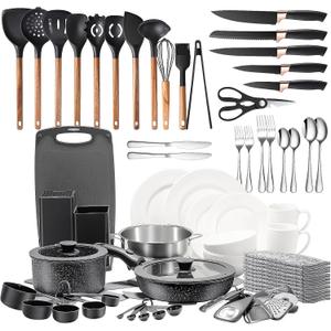72-Piece Kitchen Cooking Set, Pots and Pans Cookware, Nonstick Cookware Set, Plates and Bowls Dinnerware Knife Set, Kitchen Gadgets & Tools For New Home, Apartment, Mothers Day Gifts