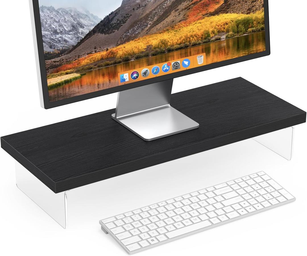 Monitor Stand Riser, Wood & Acrylic Computer Monitor Stand Desk Desktop Organizer Table for Home, Office Workspace, Laptop Riser, Printer, PC & TV Screen Riser (25*10 Inch, Black Oak)
