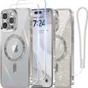 Meifigno Designed for iPhone 16 Pro Max Case 6.9", [Glitter Card & Wrist Strap] [Compatible with MagSafe] [2X Screen Protectors] Surround Lens Protection Designed for 16 ProMax Case, Silver Titanium