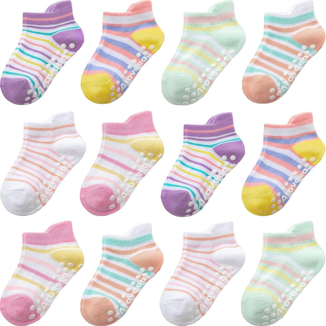 Aroveea Baby Toddler Socks Grip Non Slip Boys Girls Cotton 12 Pack for Kids Ankle Cute Socks 6M-7Years