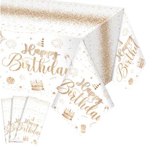 Tudomro 3 Pcs Happy Birthday Tablecloths Happy Birthday Party Decorations Plastic Table Cover Rectangular Cloths for Women Men Baby Shower Party Supplies, 108 x 54 Inch (Champagne)