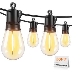 Brightever LED Outdoor String Lights 36FT, Patio Lights Outdoor Waterproof with 13 Shatterproof S14 Vintage Edison Bulbs(1 Spare), Dimmable Outside Lights for House, Garden, Deck, Balcony, Camping