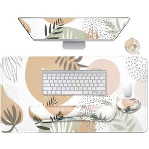 4-in-1 Large Mouse Pad, Keyboard Wrist Rest Pad & Wrist Support Mousepad Set, Extended Desk Pad Waterproof Desk Mat for Home Office Study Game - Leave