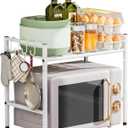 Microwave Stand Countertop, 2-Tier Adjustable Metal Oven Rack with 4 Hooks, Heavy Duty Carbon Steel Organizer Shelf for Microwave/Oven/Toaster, Kitchen Storage (White, 2-Tier)