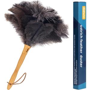 Genuine Ostrich Feather Duster, 16 inch Gray Ostrich Feather Duster with Wood Handle, Reusable Car Dusters, Eco-Friendly Handheld Cleaning Dusters for Home, Office and Kitchen