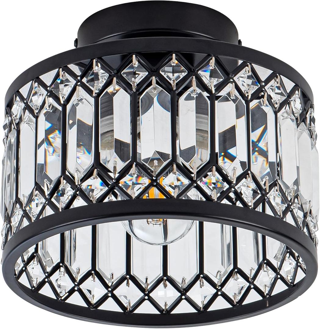 Rpzloila Crystal Ceiling Light Fixture, Modern Semi Flush Mount Ceiling Light, Crystal Chandelier for Kitchen Bedroom Bathroom Entryway Black (Bulb not Included)