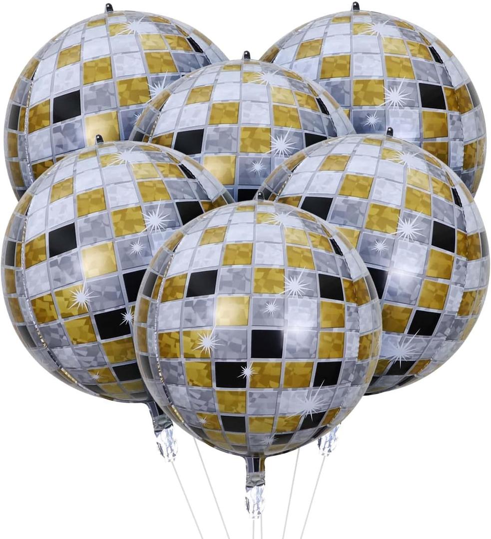 HOUSE OF PARTY 4D Gold Black Disco Ball Balloons 6Pcs - Mylar Foil Balloons 22 Inch for Grad Last Disco Party Decorations