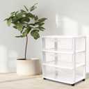 HOMZ Drawer Tower, 3-Tier Wide Rolling Storage Cart with Removable Wheels, White Frame – Plastic Organizer with Clear Bin Drawers for Bedroom, Bathroom, Home Office, and Dorm Room