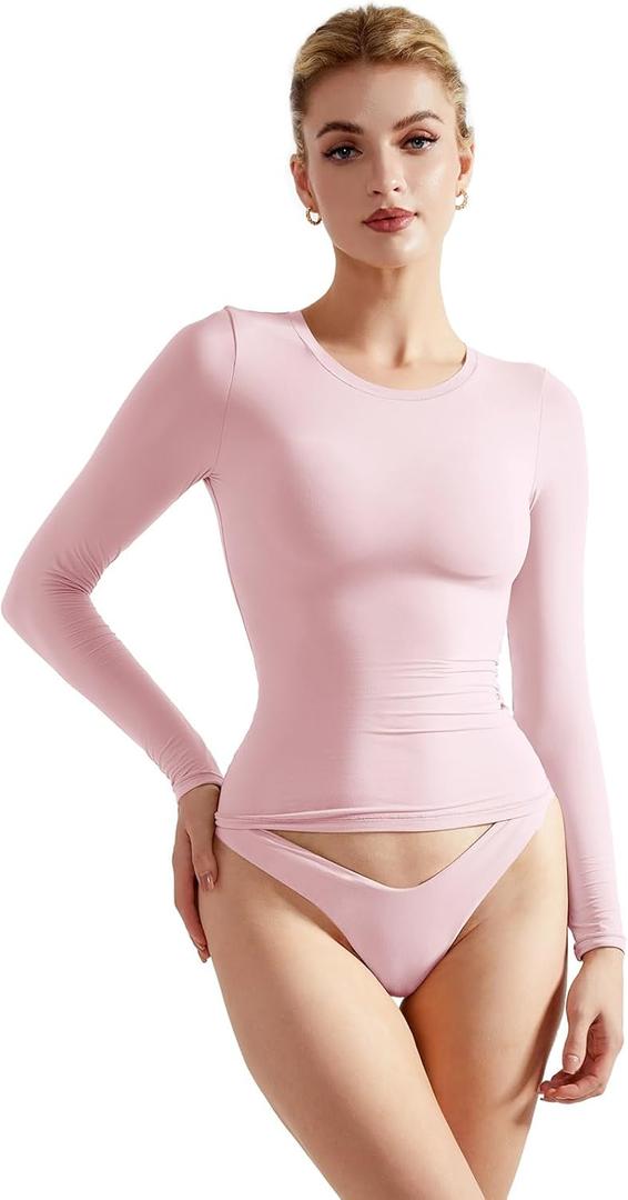 SUUKSESS Women Double Lined Fitted Basic T Shirts Crew Neck Long Sleeve Crop Top (X-Small, Blush)