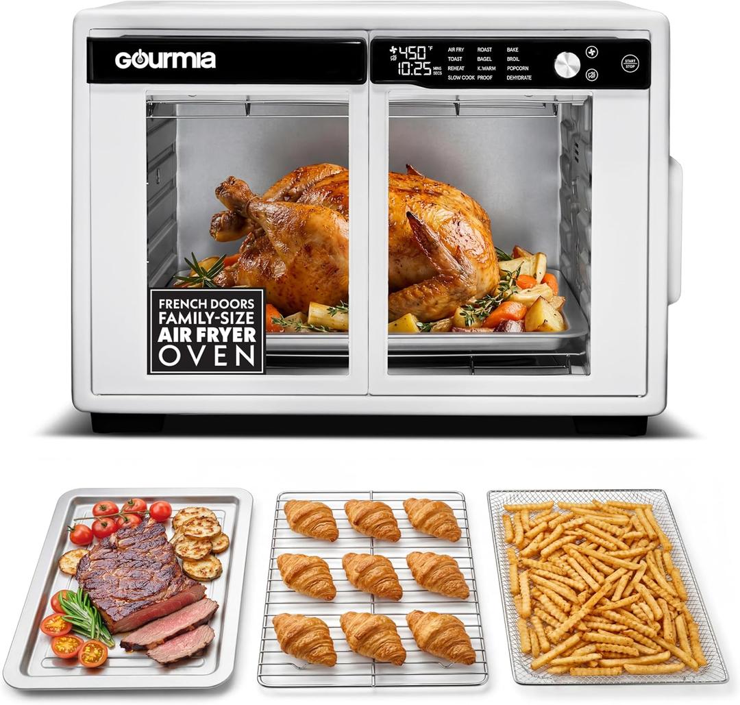 Gourmia French Door Air Fryer Oven - 37 Qt Large Capacity Convection Toaster Oven, FryForce 360°, Digital Display, 12 Cooking Presets, Dehydrate, Fits 13” Pizza, Dishwasher-Safe, White