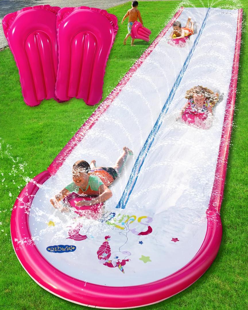 22ft Slip and Water Slide with 2 Inflatable BodyboardsPink Water Slide with Sprinkler for Kids BackyardSummer Water Toys for Kids Outside Lawn