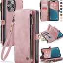 Defencase Compatible with iPhone 14 Pro Case Wallet with RFID Blocking Card Holder for Women Men, PU Leather Magnetic Snap Flip Zipper Strap Wallet Phone Case Fit for iPhone 14 Pro 6.1", Rose Pink