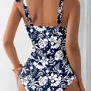 Aleumdr Swimming Suits for Women 2026 Sexy Printed One Piece Swimsuit Floral Tummy Control Bathing Suit V Neck Boho Tie Shoulder Monokini Navy Blue Small