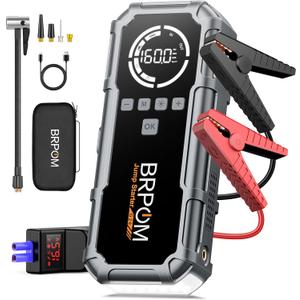 Jump Starter with Air Compressor, BRPOM 8000A Portable Car Jump Starter (All Petrol/12L Diesel), 160PSI 12V Battery Jump Starter Power Pack with Jump Clamps, LCD Screen, 600 Lumens Emergency Light