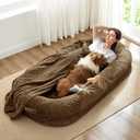 Human Dog Bed for Adult - Luxury Faux Fur Giant Size Dog Bed with Portable Handle, Egg Orthopedic Foam with Blanket, 72"x40"x10", Brown