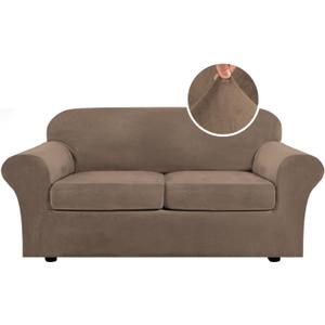 H.VERSAILTEX Real Velvet Plush 3 Piece Stretch Sofa Covers Couch Covers for 2 Cushion Couch Sofa Slipcovers Width Up to 90 Inch Feature Thick Soft Stay in Place (Sofa, Mocha)