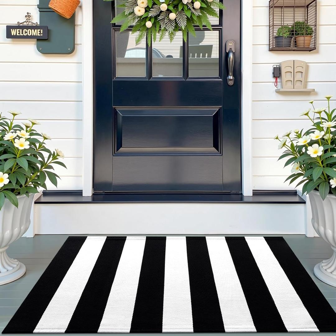 OLANLY Black and White Striped Rug 2'4" x 3'7" (27.5" x 43") Washable Cotton Indoor Outdoor Doormat for Front Door, Entryway, Kitchen, Porch, Patio Decor