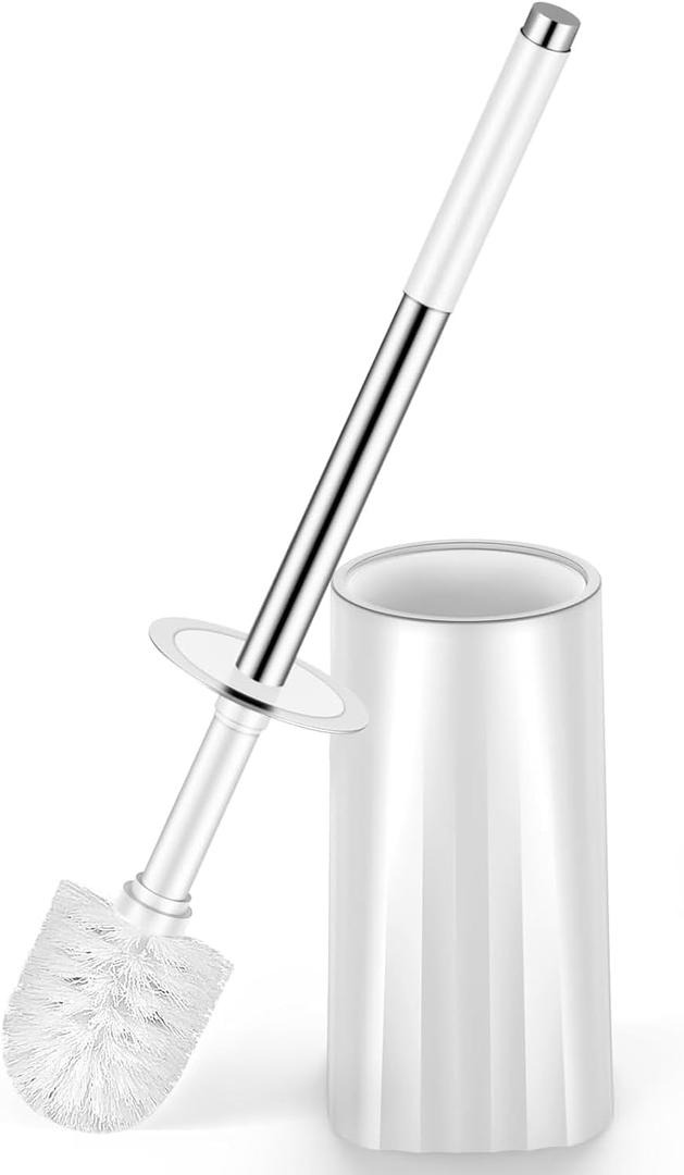 Toilet Brush and Holder Set, Compact Toilet Bowl Brush with Stainless Steel Handle, Hard Bristles, Drip-Proof, Easy to Assemble, Deep Cleaning White (1 Pack)